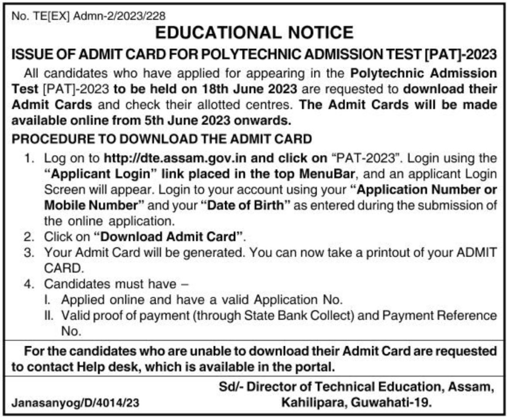 Assam PAT Admit Card 2023 Release Date: Download Now for June 18 Exam