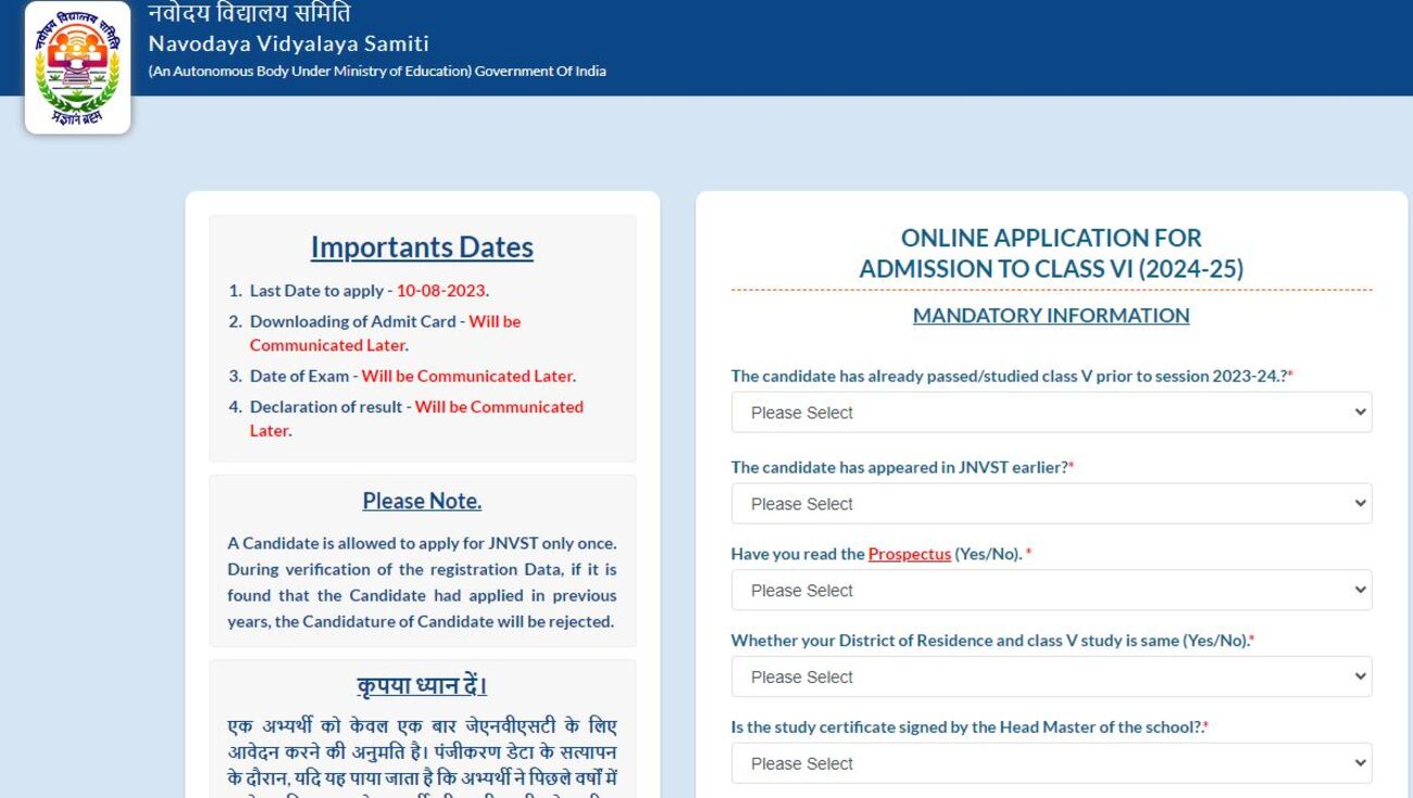 JNVST Registration 2024: Class 6 Admissions at navodaya.gov.in