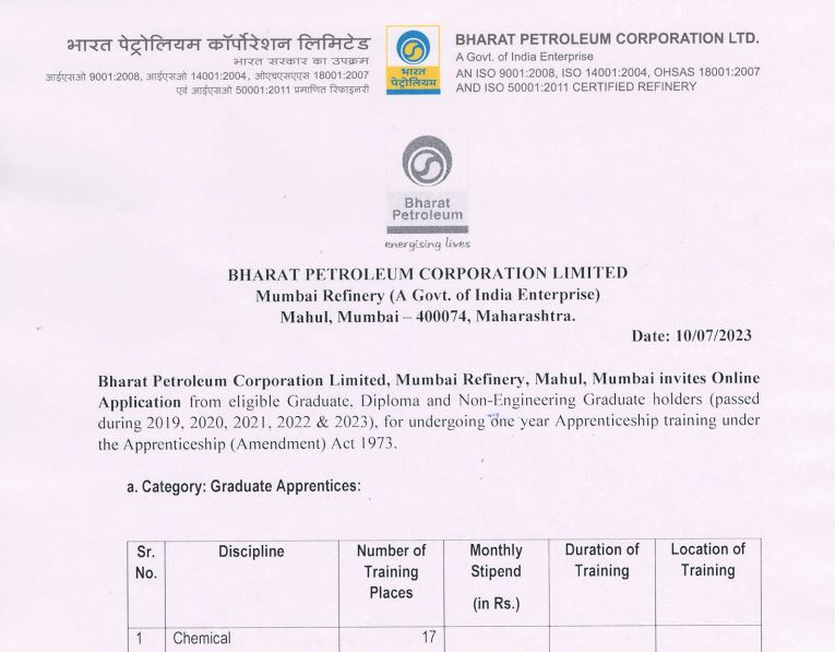 BPCL Apprentice Recruitment 2023: Apply for 138 Vacancies in Engineering and Non-Engineering Disciplines