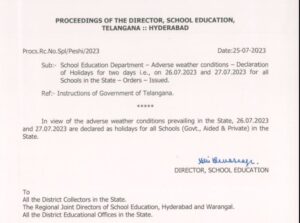 Read more about the article Telangana Schools Closed for 2 Days Due to Heavy Rain, Online Classes to Be Conducted