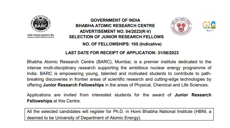 BARC Recruitment 2023: Apply for 105 Junior Research Fellowship Vacancies in Mumbai