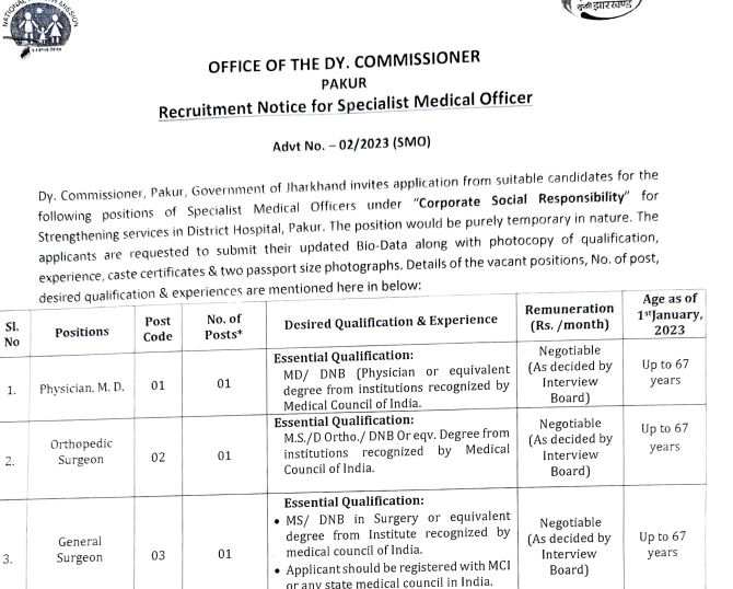 Specialist Medical Officers - Pakur District Jharkhand Recruitment 2023