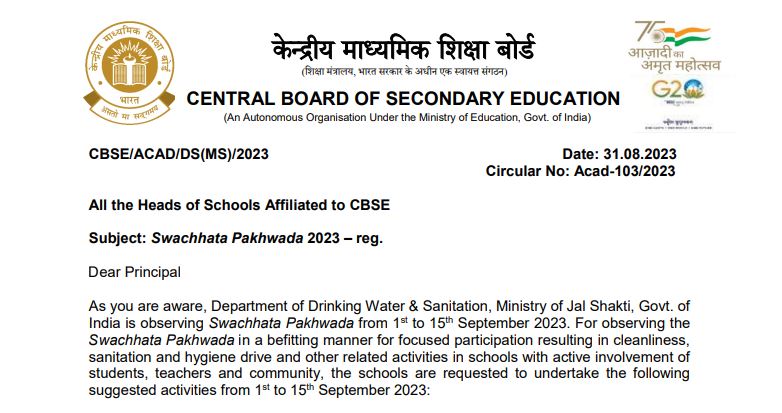 You are currently viewing CBSE Swachhata Pakhwada 2023: Schools to Organize Competitions, Awareness Campaigns to Promote Cleanliness