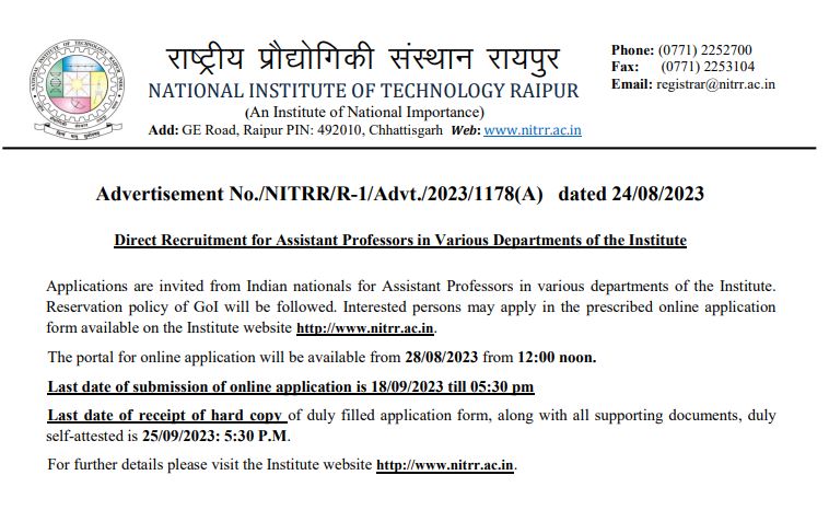 You are currently viewing Assistant Professor | 23 Posts | NIT Raipur Recruitment 2023