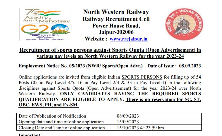 You are currently viewing Sports Quota – 54 Posts – North Western Railway Recruitment 2023