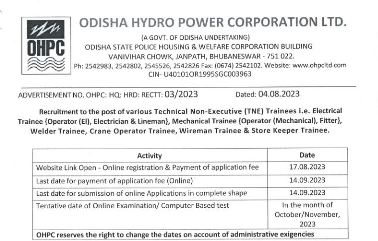 Technical Non Executive Trainee - 150 Posts - OHPC Recruitment 2023