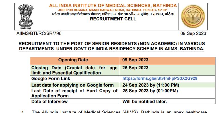 You are currently viewing Senior Resident | 158 Posts | AIIMS Bathinda Recruitment 2023