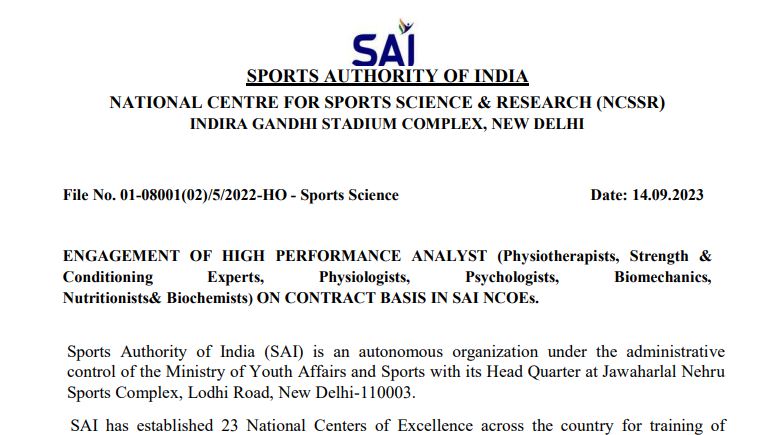 High Performance Analyst - 64 Posts - Sports Authority of India Recruitment 2023