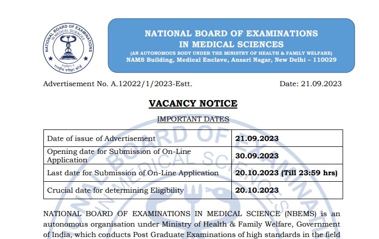You are currently viewing Jr. Accountant, Jr. Assistant, Law Officer, Stenographer, Jr. Programmer, Deputy Director (Medical) | 48 Posts | NBEMS Recruitment 2023