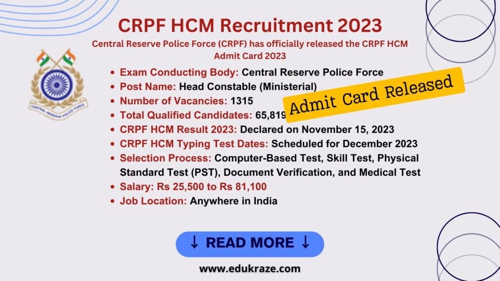 CRPF HCM Admit Card 2023 Released: Download ASI Typing Test Call Letter ...