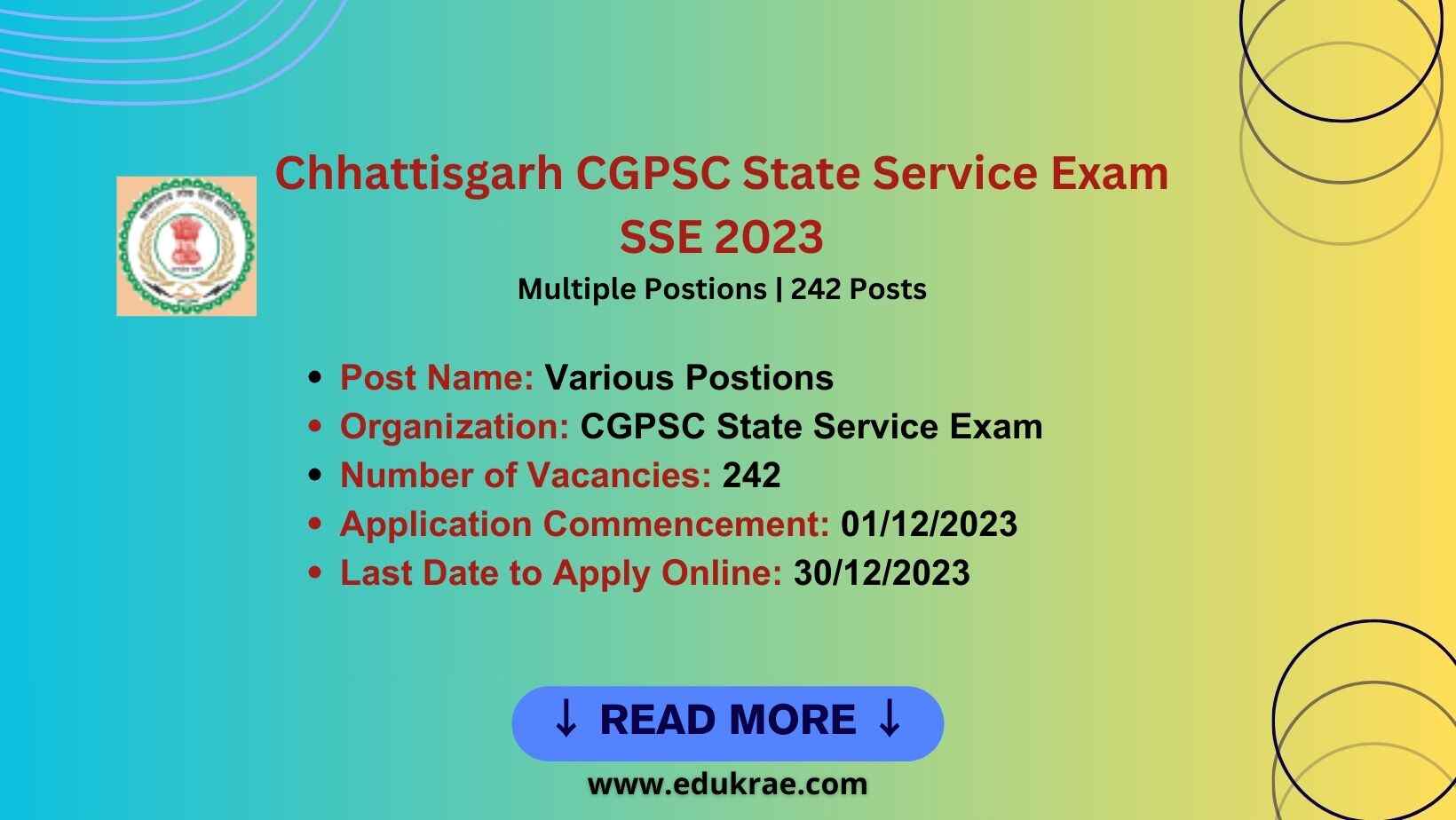 Chhattisgarh CGPSC State Service Exam SSE 2023 | 242 Posts