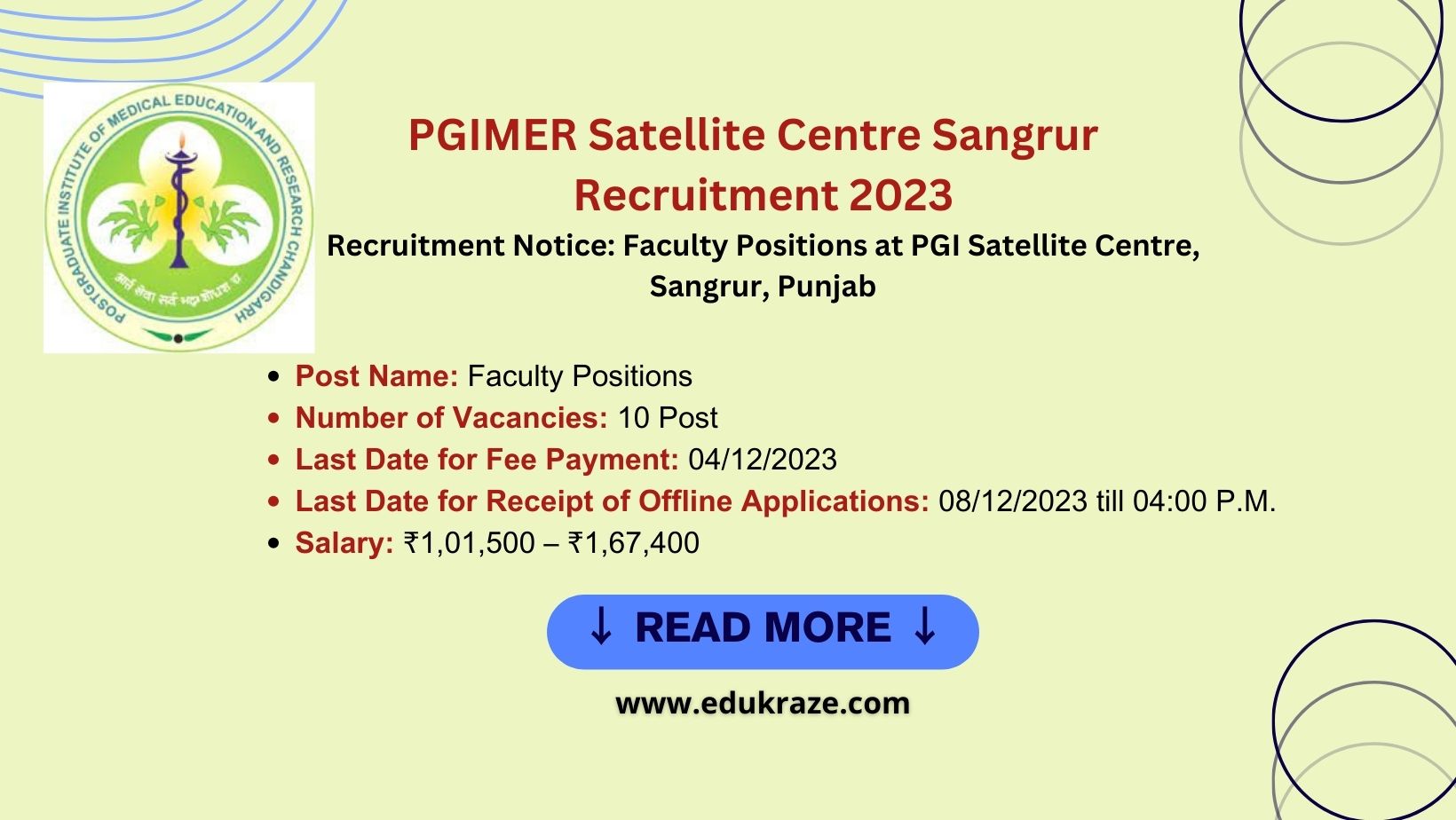 FACULTY POSTS | 10 Vacancies | PGI Satellite Centre, Sangrur, Punjab