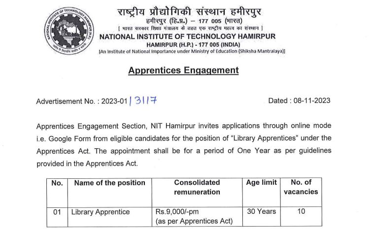 Library Apprentices | 10 Posts | NIT Hamirpur Recruitment 2023