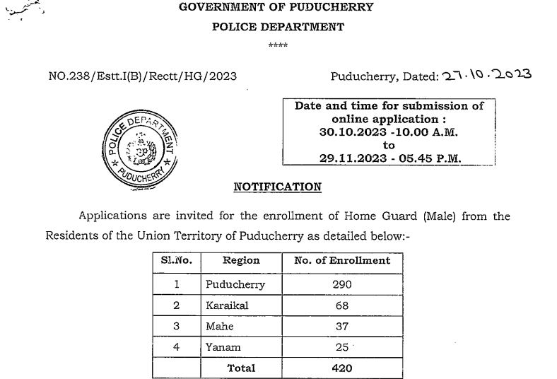 Home Guard | 500 Posts | Puducherry Police Recruitment 2023