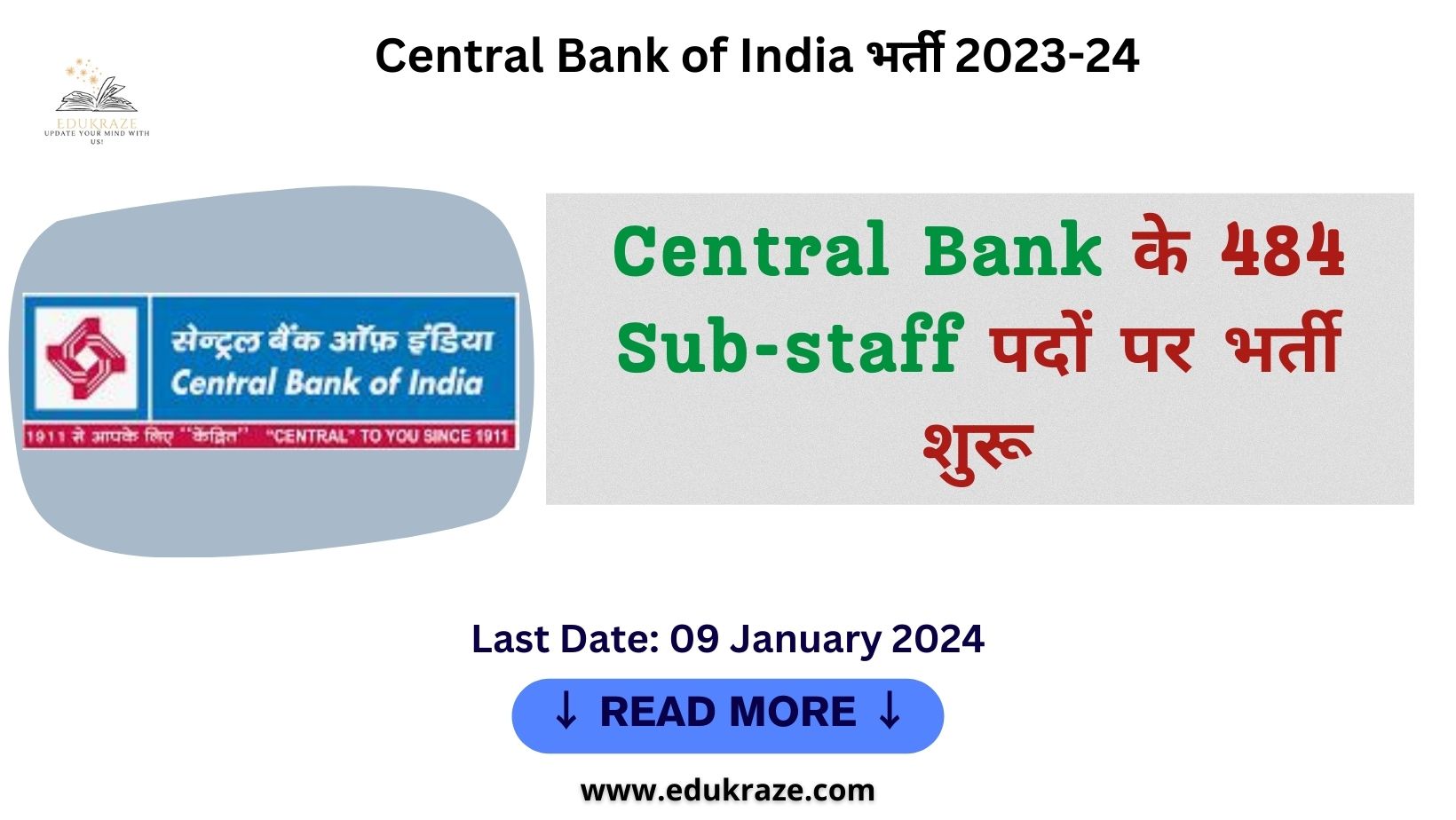 Central Bank of India Sub-staff Recruitment out for 484 Posts