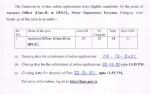 Read more about the article HPSC RECRUITMENT 2023: ACCOUNTS OFFICER (CLASS-II) VACANCIES IN HPGCL- APPLY BY 22ND DECEMBER.
