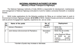 Read more about the article NHAI RECRUITMENT 2023: ADVISOR AND JOINT ADVISOR POSITIONS WITH 18 VACANCIES, APPLY BEFORE 04-01-2024.