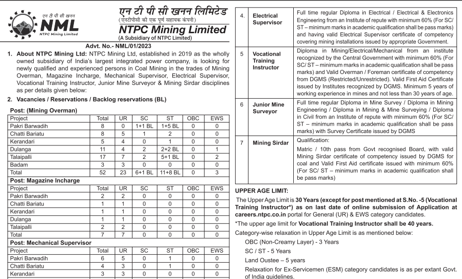 You are currently viewing NTPC MINING LIMITED RECRUITMENT OUT FOR 100+ POSTS.