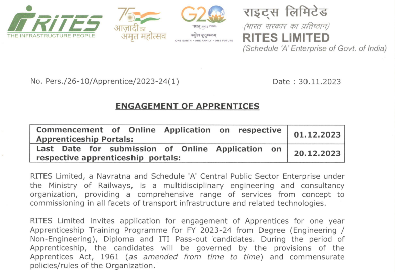 You are currently viewing RITES RECRUITMENT 2023 – 257 VACANCIES FOR GRADUATE, DIPLOMA, AND TRADE APPRENTICES.