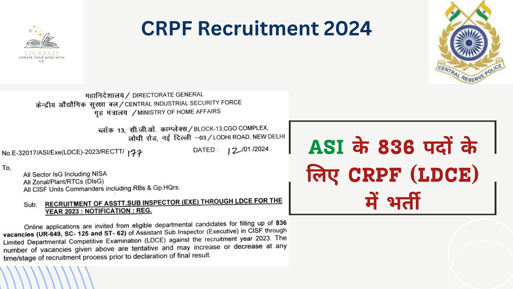 CRPF Recruitment 2024 Out for 836 ASI through LDCE , Check Online Application Link