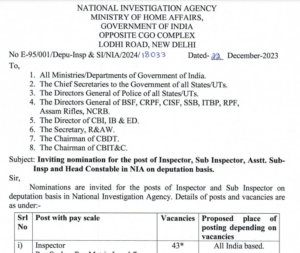 Read more about the article NIA RECRUITMENT 2024: 119 VACANCIES FOR INSPECTOR, SUB INSPECTOR, AND MORE