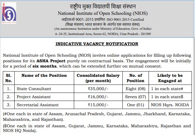 NIOS Recruitment 2024 Notification Out for 16 Posts | Apply Online Now
