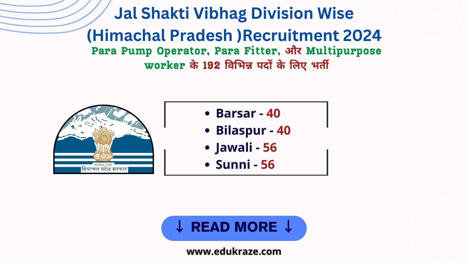 HP Jal Shakti Vibhag Division Wise Recruitment 2024 | 135 Vacancies Out for Out For Para Pump Operator, Para Fitter & Multipurpose Worker