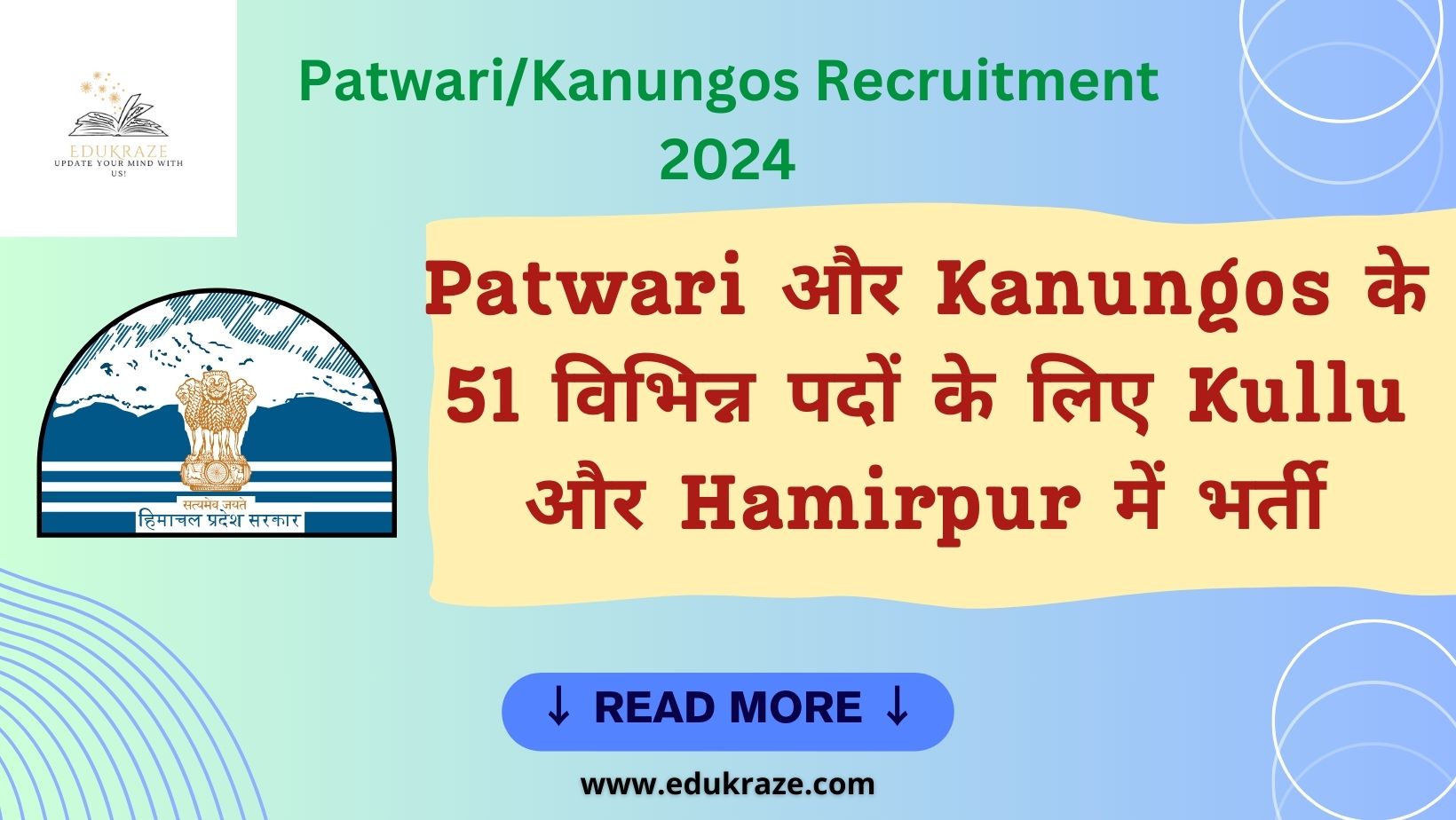 Patwari और Kanungos के 51 वि﻿भिन्न पदों के लिए Kullu और Hamirpur में भर्ती