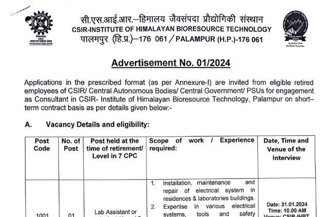 CSIR PALAMPUR RECRUITMENT OUT FOR LAB ASSISTANT/EQUIVALENT
