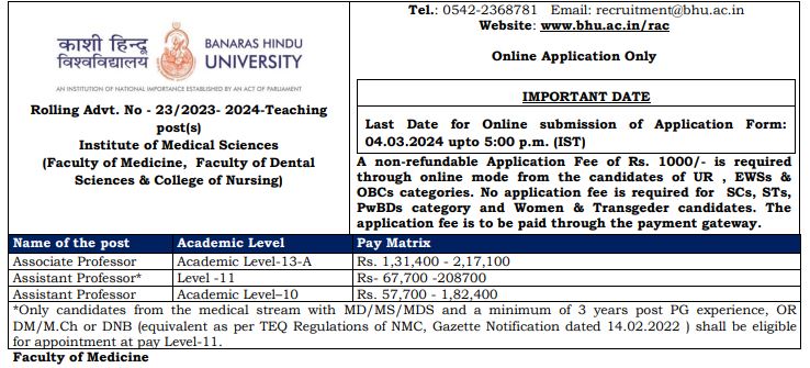 BHU Recruitment 2024 Out For Faculty Positions, Salary up to Rs. 2,17,100