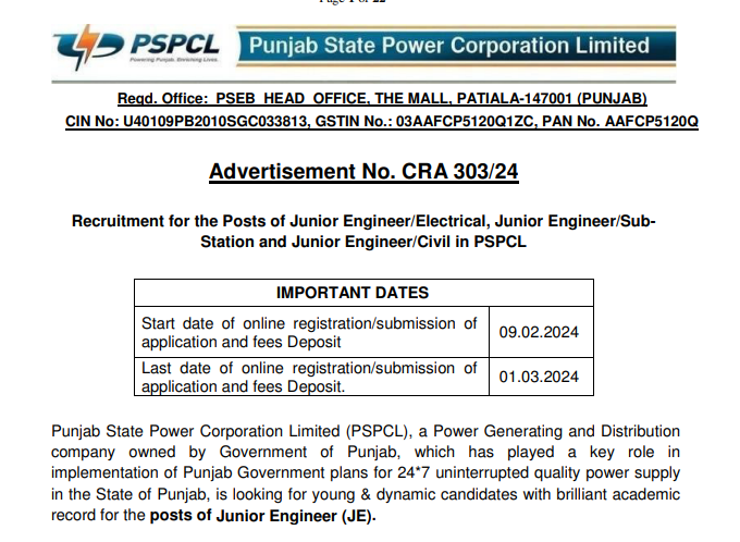 You are currently viewing PSPCL RECRUITMENT 2024: APPLY FOR JUNIOR ENGINEER AND MORE VACANCIES