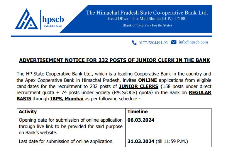 HPSCB RECRUITMENT OUT FOR CLERK | 230+ VACANCIES OUT.