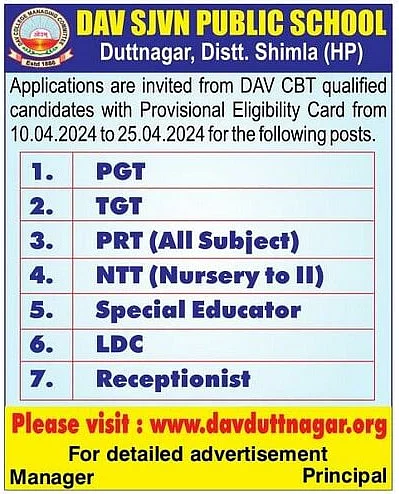 DAV SJVN Public School Recruitment 2024 Out for TGT, PGT, PRT, NTT & More!