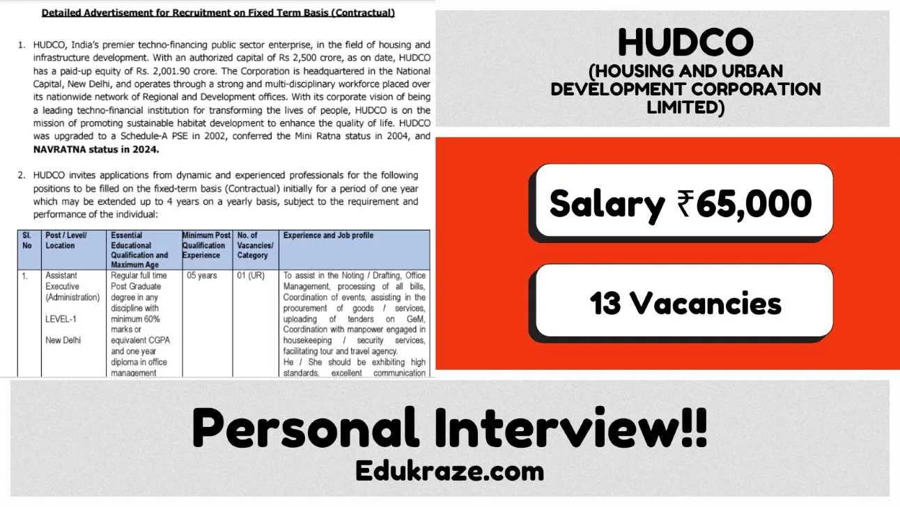 Assistant Executive Recruitment Open in Various Roles at HUDCO, Apply Now at hudco.org.in