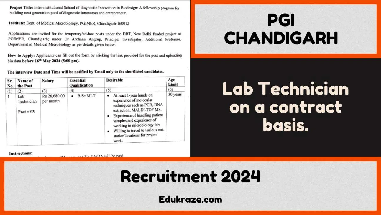 PGI Chandigarh Recruitment Out for Lab Technician !