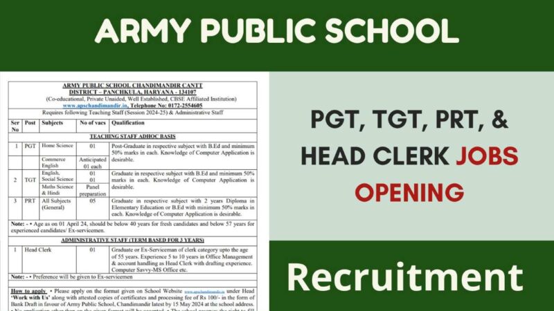 PGT, TGT, PRT, & Head Clerk Job Opening at Army Public School!