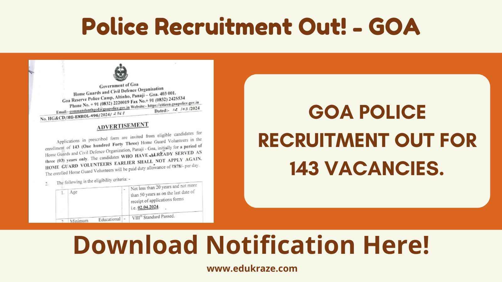 GOA POLICE RECRUITMENT OUT FOR 143 VACANCIES.
