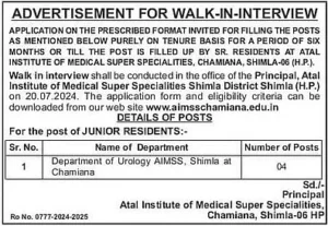 Walk-in Interview Opportunity at Atal Institute of Medical Super Specialities, Shimla