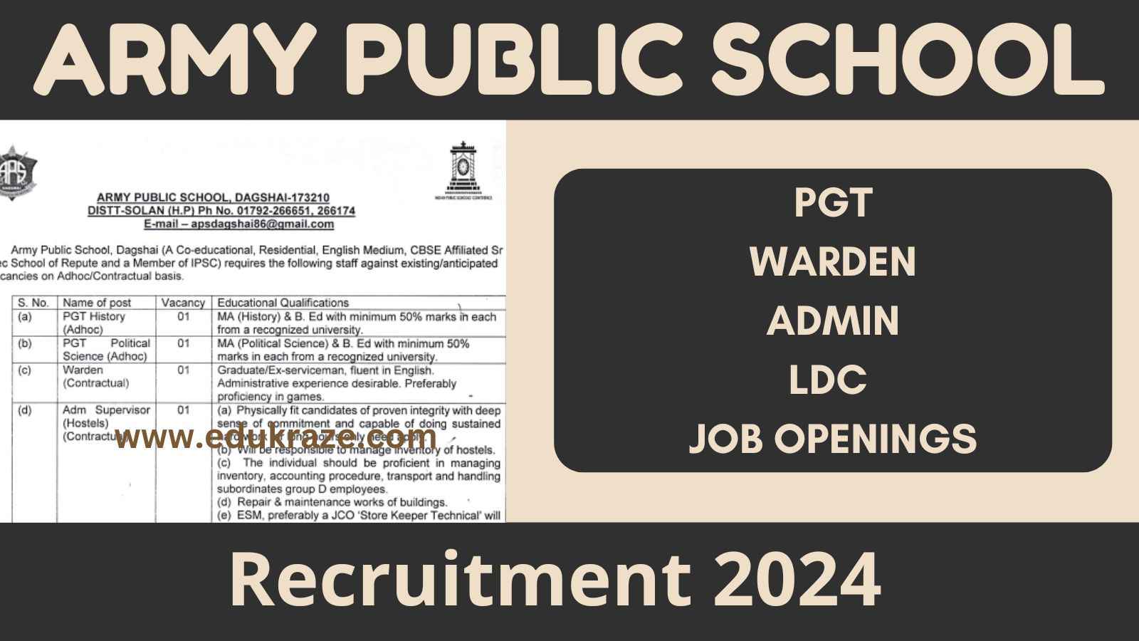 PGT, Warden, LDC, & Other Job Opening at Army Public School!