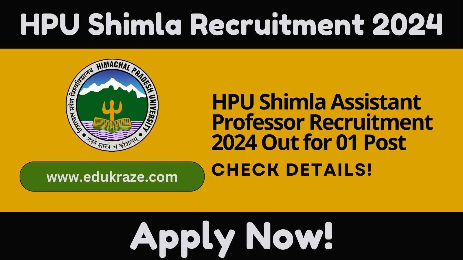 HPU Shimla Assistant Professor Recruitment 2024 Out for 01 Post